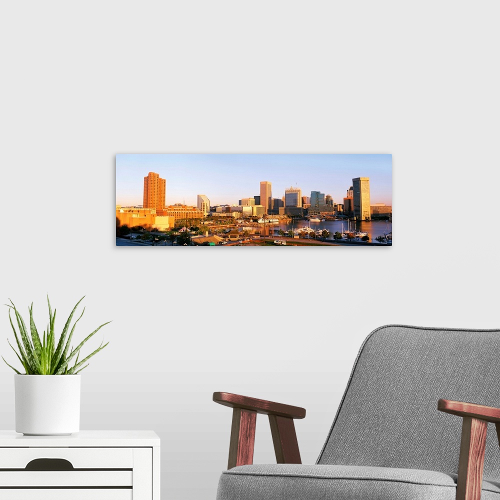A modern room featuring Maryland, Baltimore, High angle view from Federal Hill Parkof Inner Harbor area and skyline