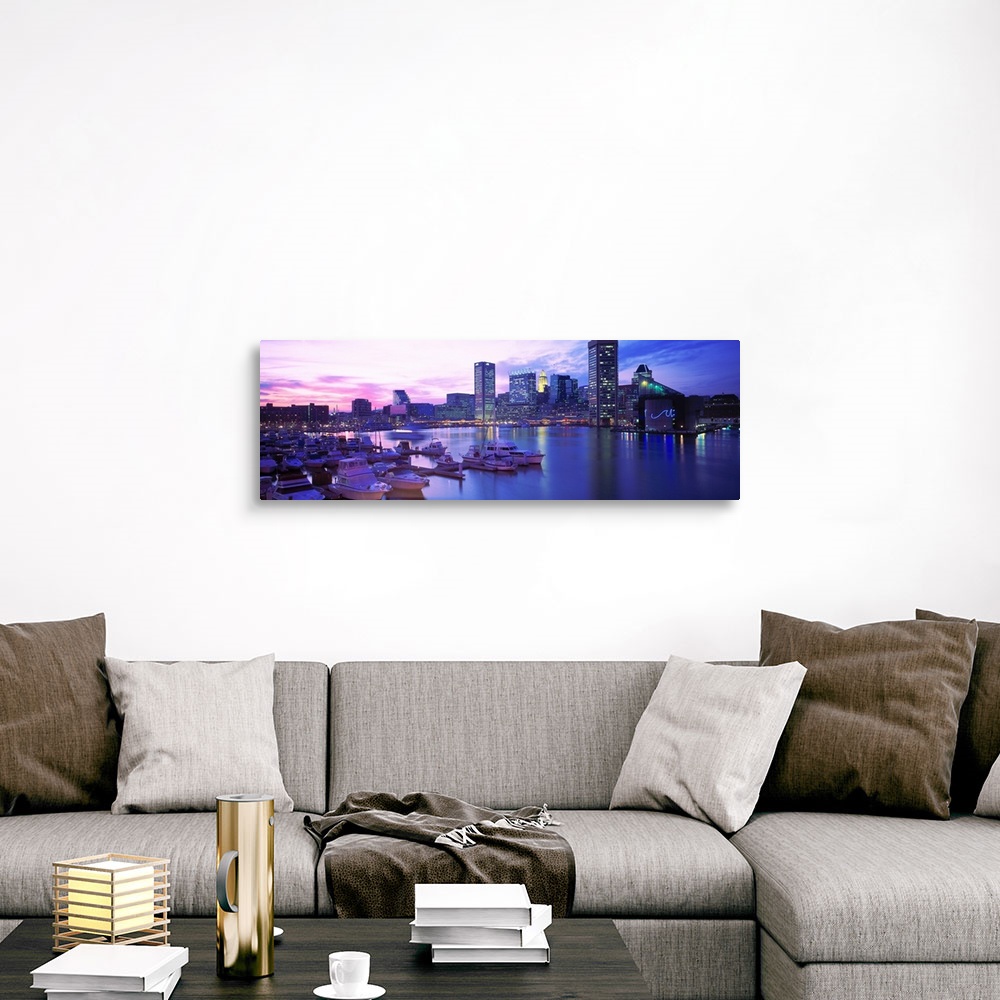 A traditional room featuring Panoramic photograph displays a number of boats sitting docked within a waterfront in the Northea...