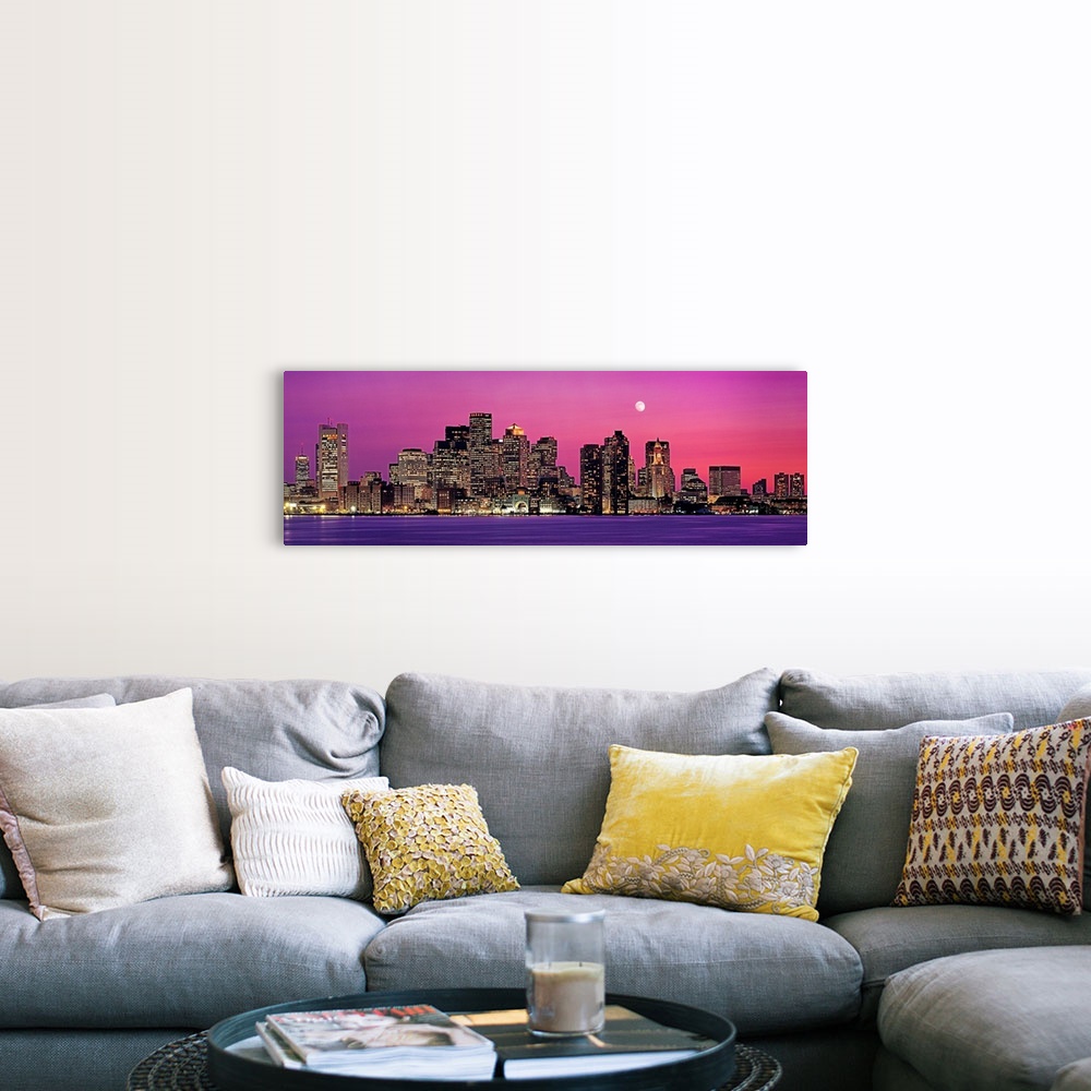 A farmhouse room featuring Panoramic photograph of a skyline in Boston, Massachusetts at night by the shore.  The moon in th...