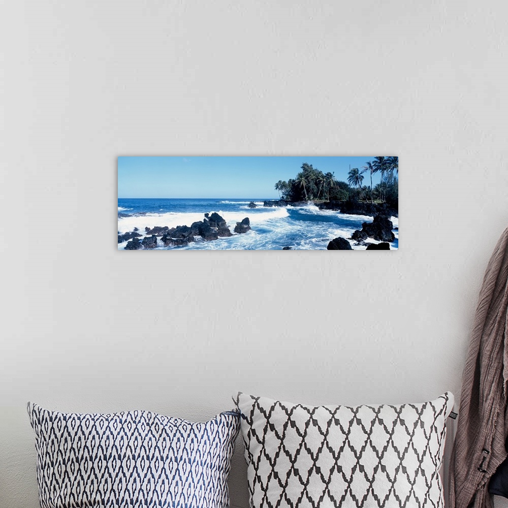 A bohemian room featuring Panoramic photograph of rocky oceanfront with palm trees and waves crashing in.