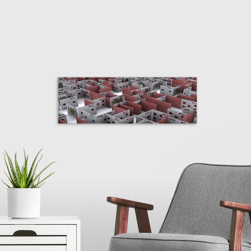 A modern room featuring Wall docor of an image on canvas of a maze of cards.
