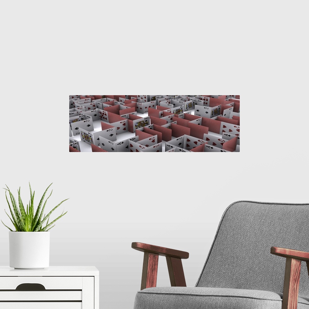 A modern room featuring Wall docor of an image on canvas of a maze of cards.