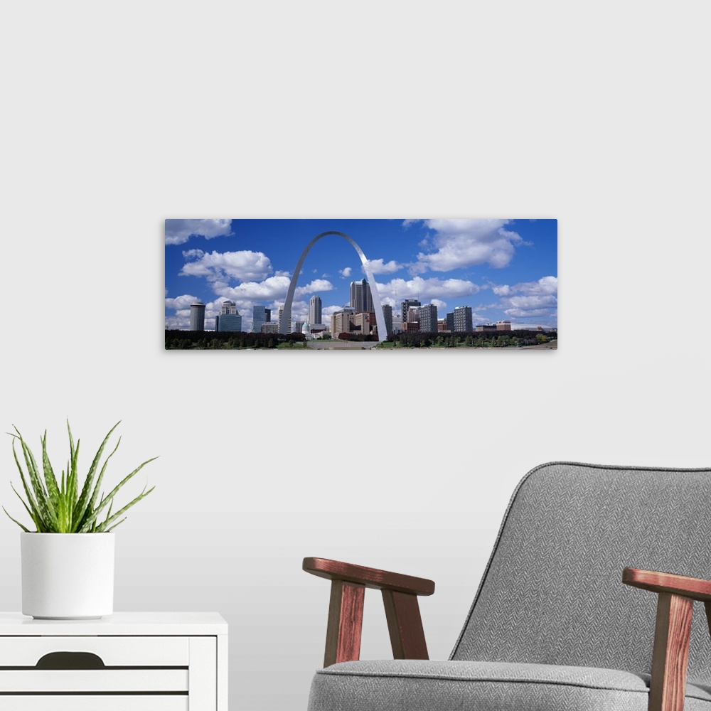 A modern room featuring Panoramic skyline of St. Louis, Missouri featuring in the center the Gateway Arch.