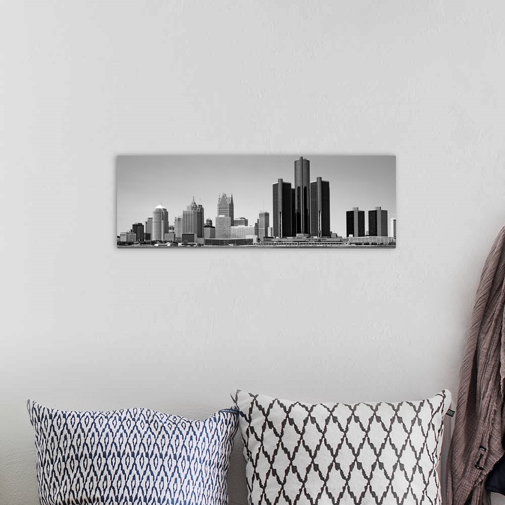 A bohemian room featuring Panoramic view of skyscrapers in Detroit, Michigan.