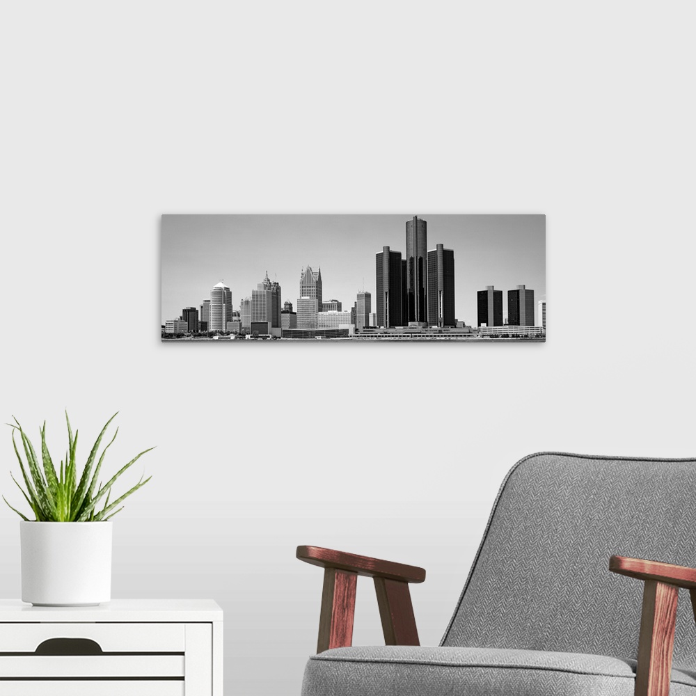 A modern room featuring Panoramic view of skyscrapers in Detroit, Michigan.