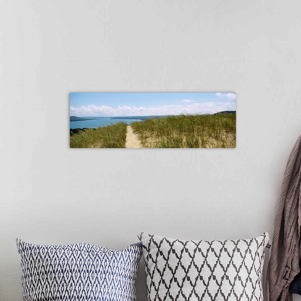 A bohemian room featuring Panoramic photograph of grass covered beach with a sandy path leading to the ocean in the distanc...