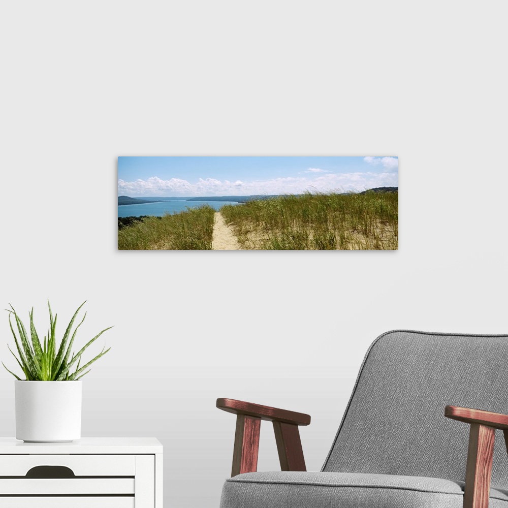 A modern room featuring Panoramic photograph of grass covered beach with a sandy path leading to the ocean in the distanc...