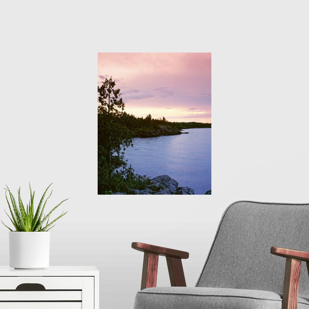 A modern room featuring Michigan, Upper Peninsula, Copper Harbor, Lake Superior, High angle view of a harbor in dusk