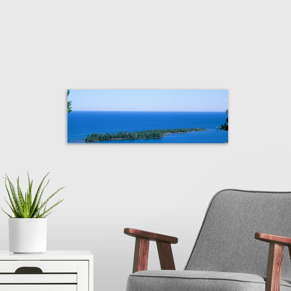 A modern room featuring Michigan, Upper Peninsula, Porters Island, Aerial view of the Lake Superior