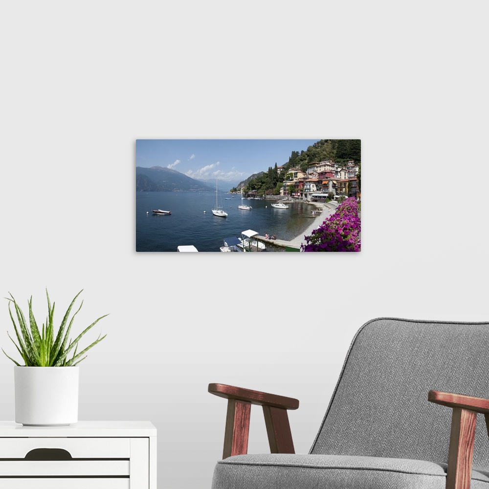 A modern room featuring Mid-afternoon view of waterfront at Varenna, Lake Como, Lombardy, Italy