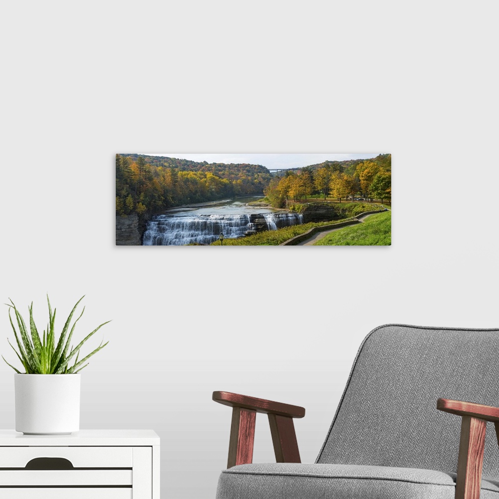 A modern room featuring Middle Falls in autumn, Letchworth State Park