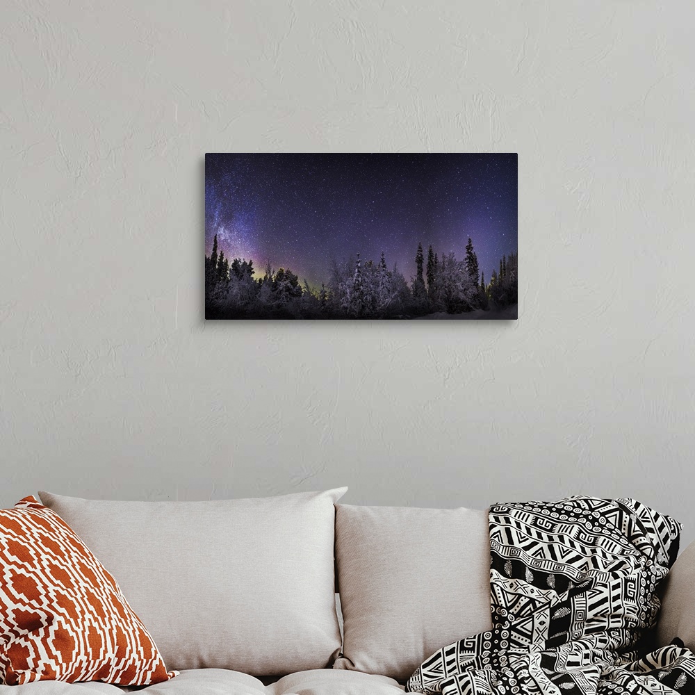 A bohemian room featuring Milky Way Galaxy with Aurora Borealis, Frozen landscape, Lapland, Sweden