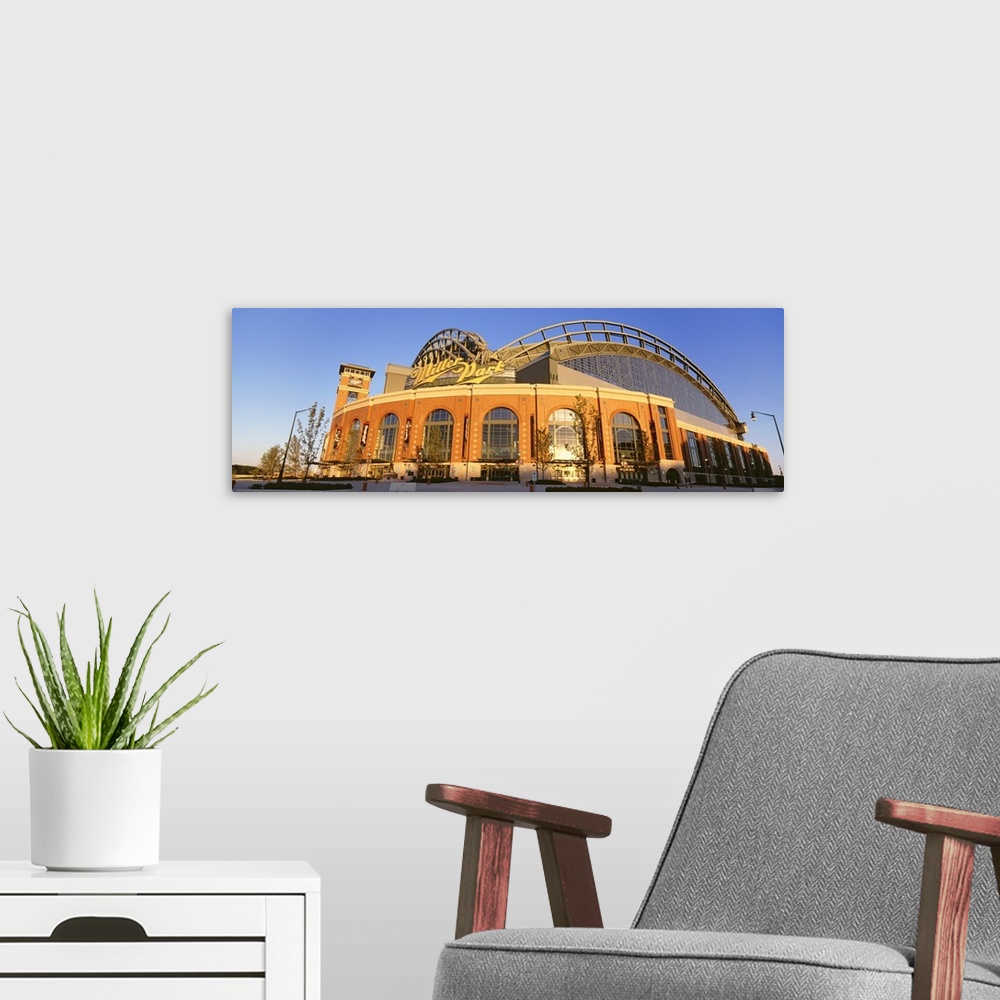 A modern room featuring Giant, wide angle photograph of Miller Park in Milwaukee, Wisconsin.