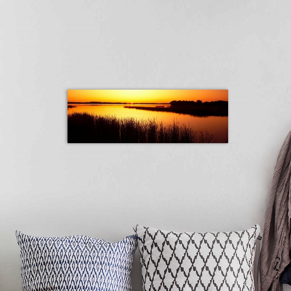 A bohemian room featuring Panoramic image of the last bit of sun peeking at the horizon as it sets behind the reed lined La...