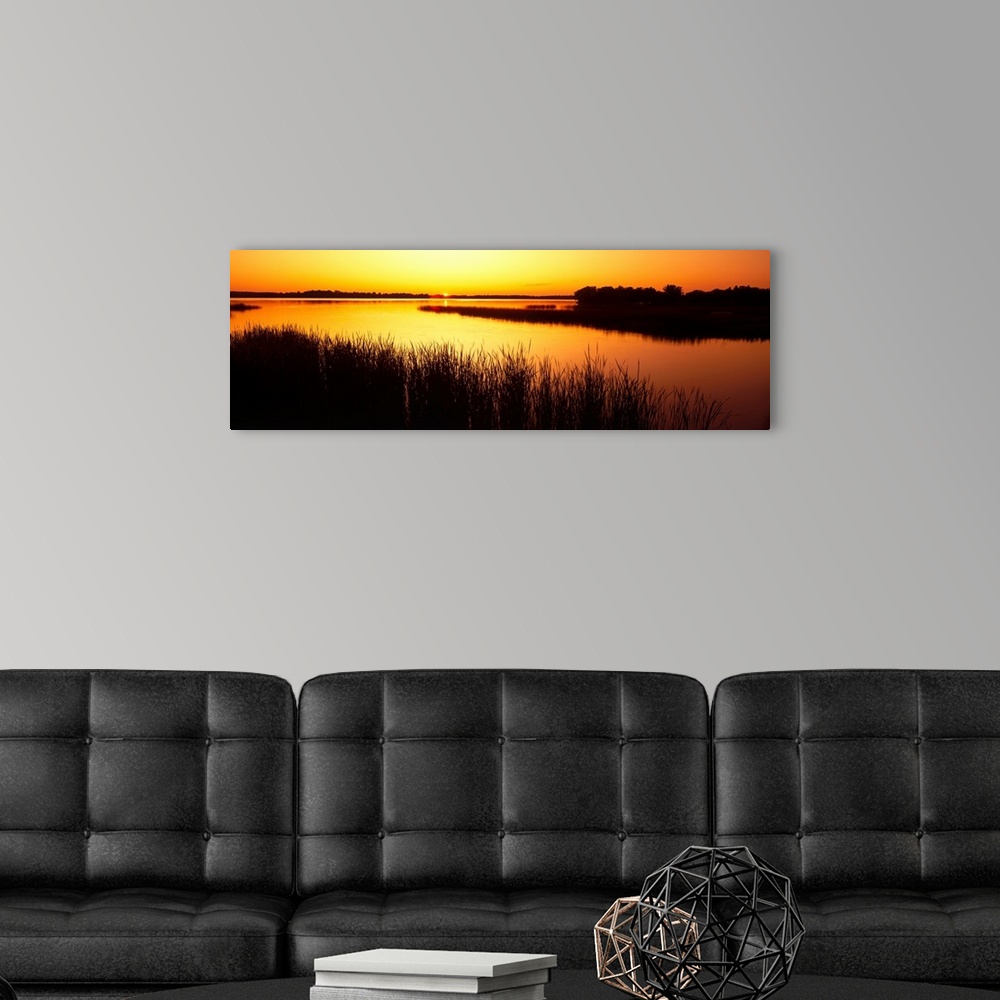 A modern room featuring Panoramic image of the last bit of sun peeking at the horizon as it sets behind the reed lined La...