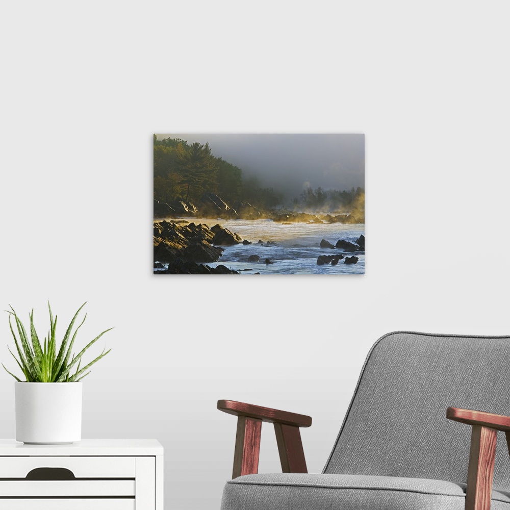 A modern room featuring Mist over rocky Saint Louis River, approaching storm clouds, Jay Cooke State Park, Minnesota