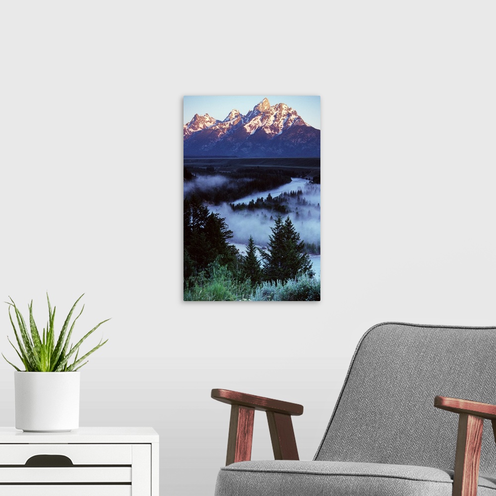A modern room featuring Huge photograph displays an aerial view of a fog spreading over top of a dense forest and river w...