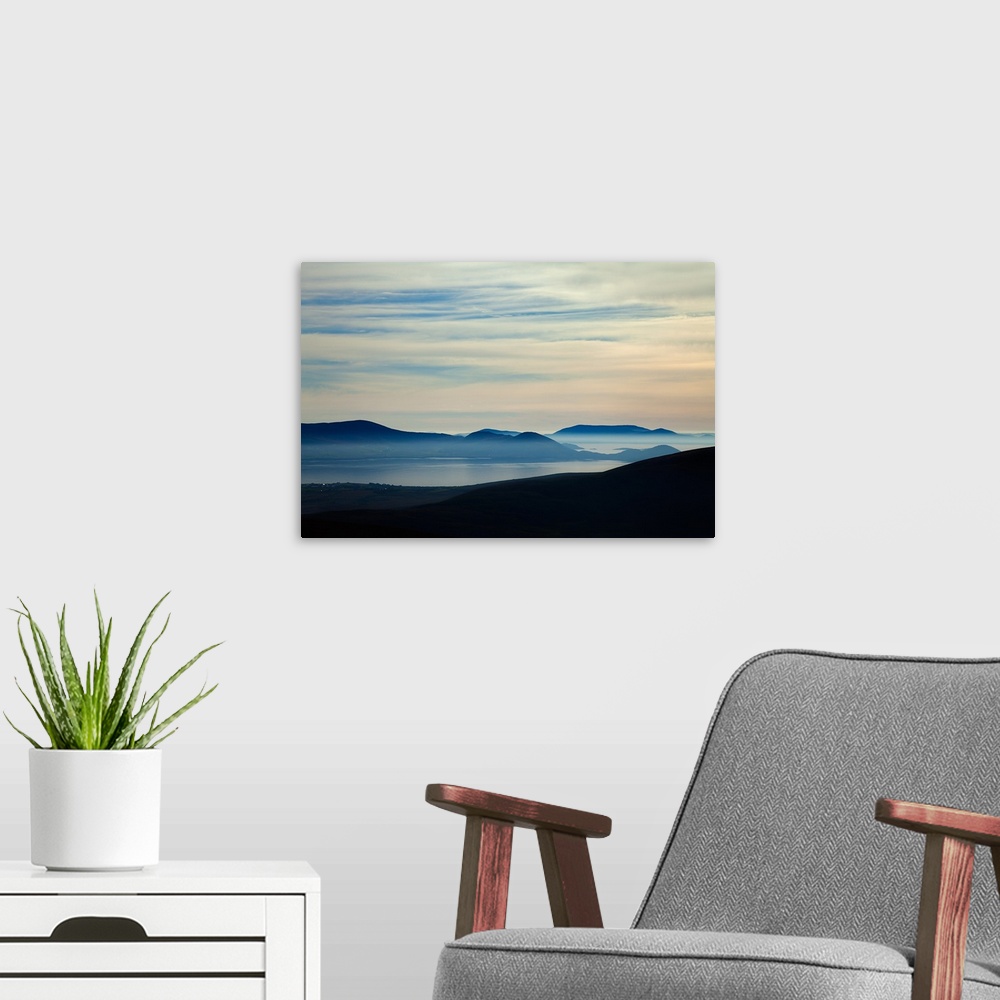 A modern room featuring Misty Coastline Looking towards Ballinskelligs, From The Coomanaspig Pass