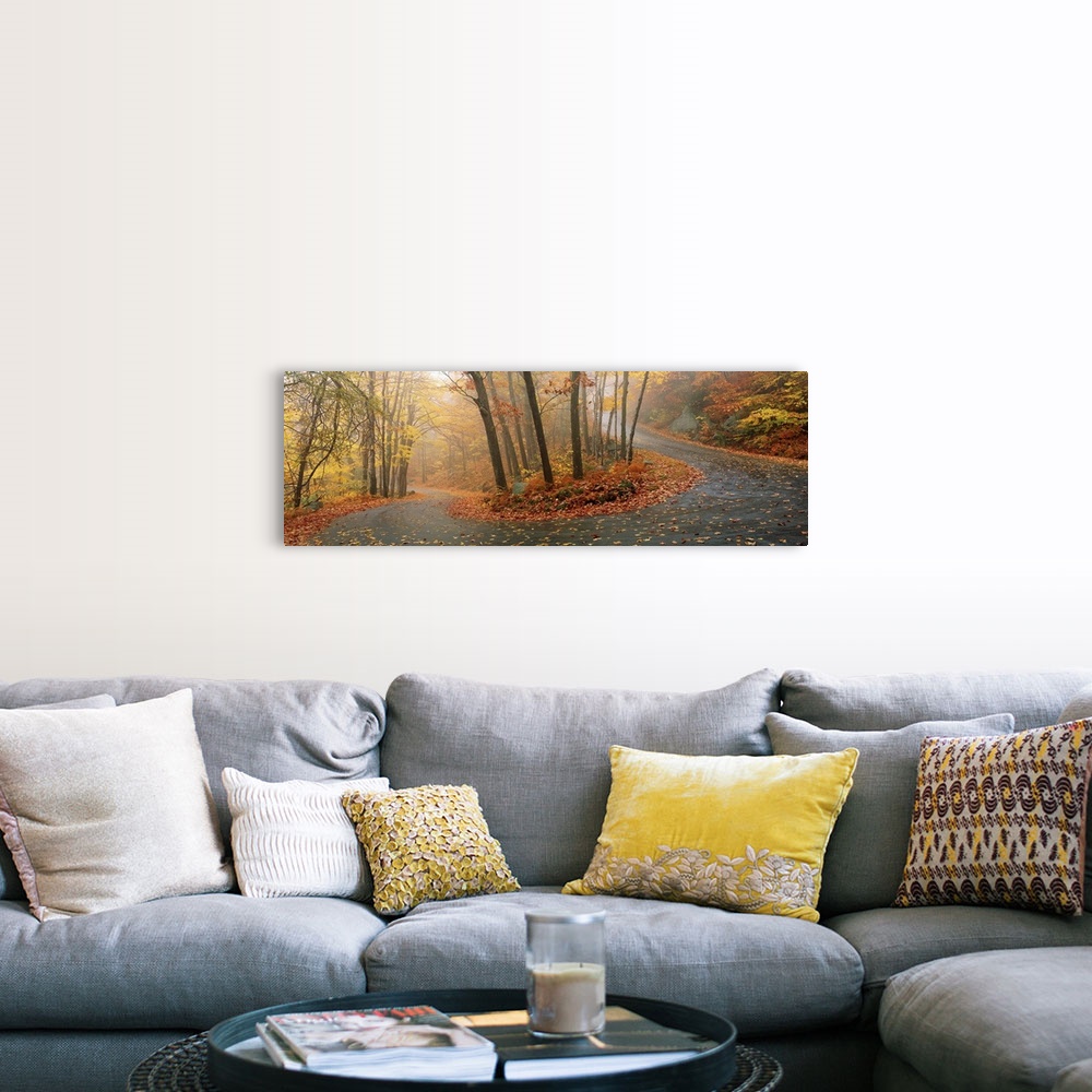 A farmhouse room featuring A big panoramic wall hanging of a winding road through a New England forest in autumn.