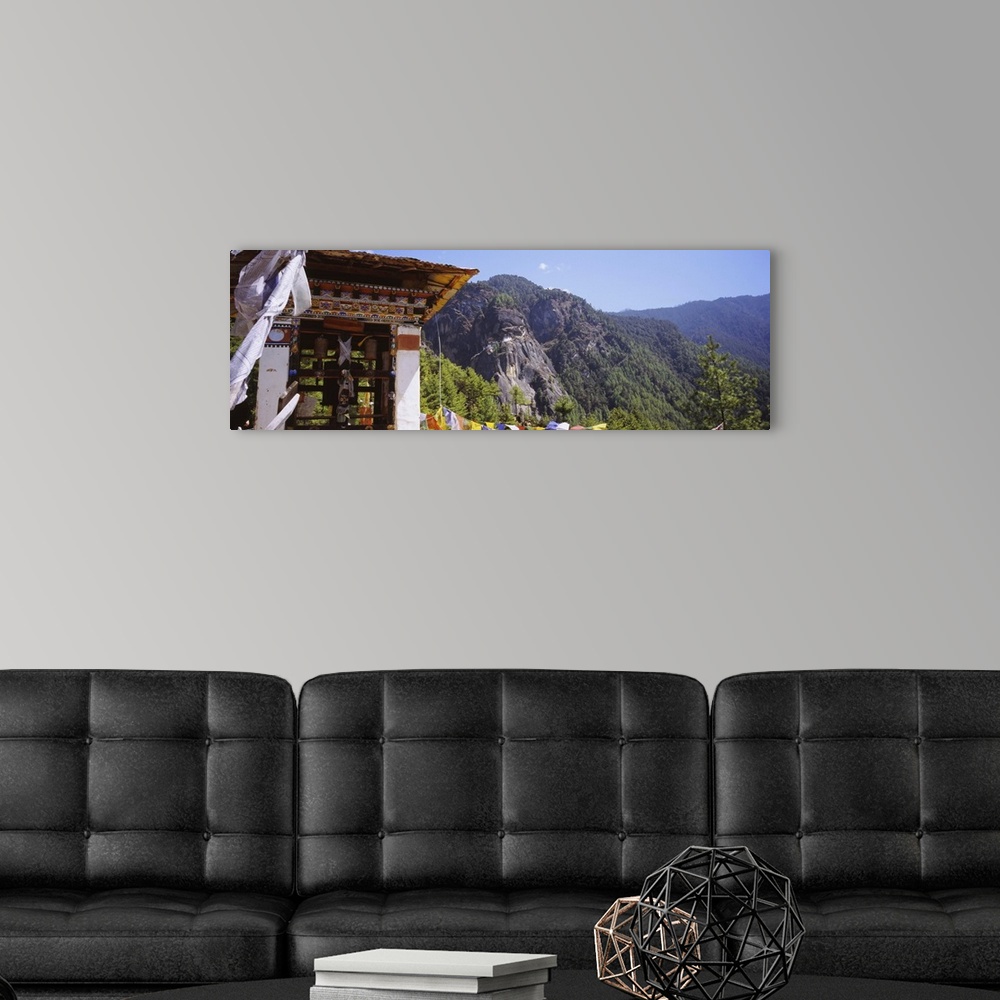 A modern room featuring Monastery on a mountain with Taktshang in the background, Paro Valley, Bhutan