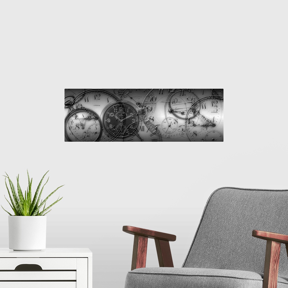 A modern room featuring Panoramic monochromatic canvas art shows a collage of antique handheld time pieces layered on top...