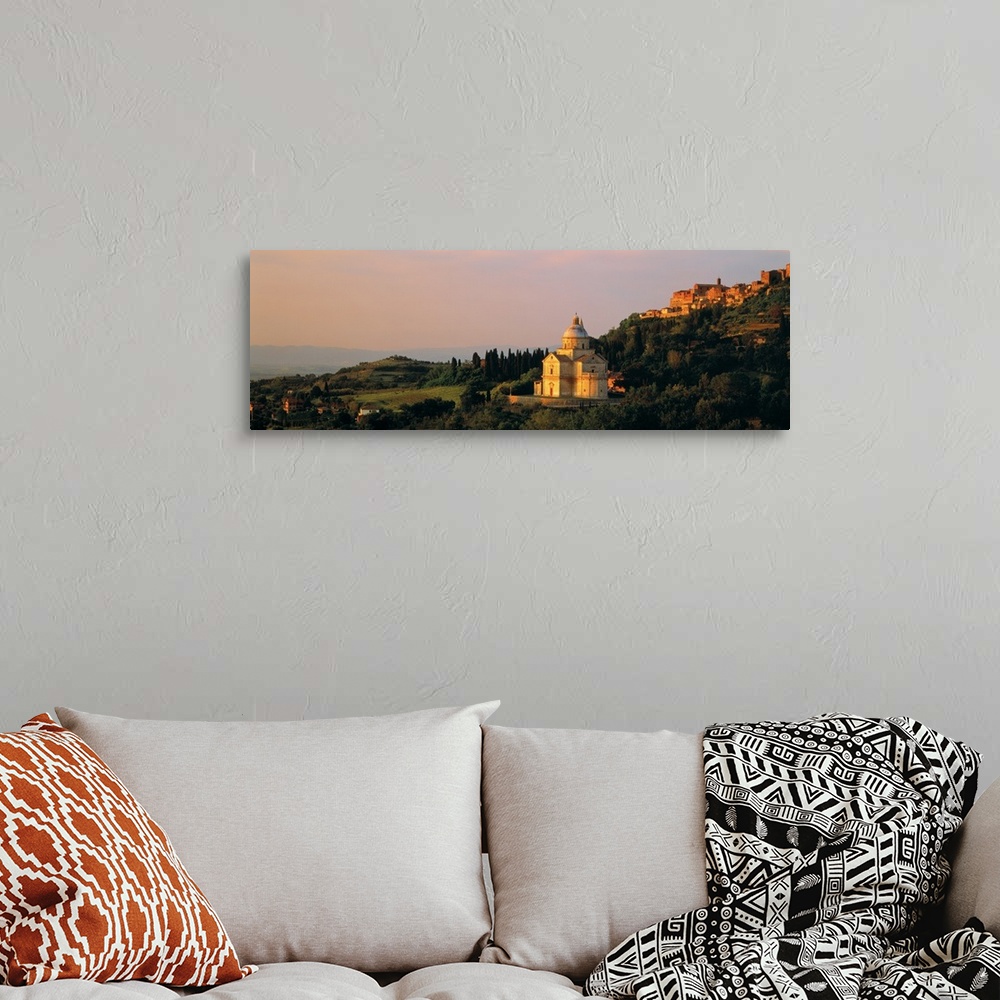 A bohemian room featuring Panoramic photograph of a medieval and Renaissance hill town and commune in the Italian province ...