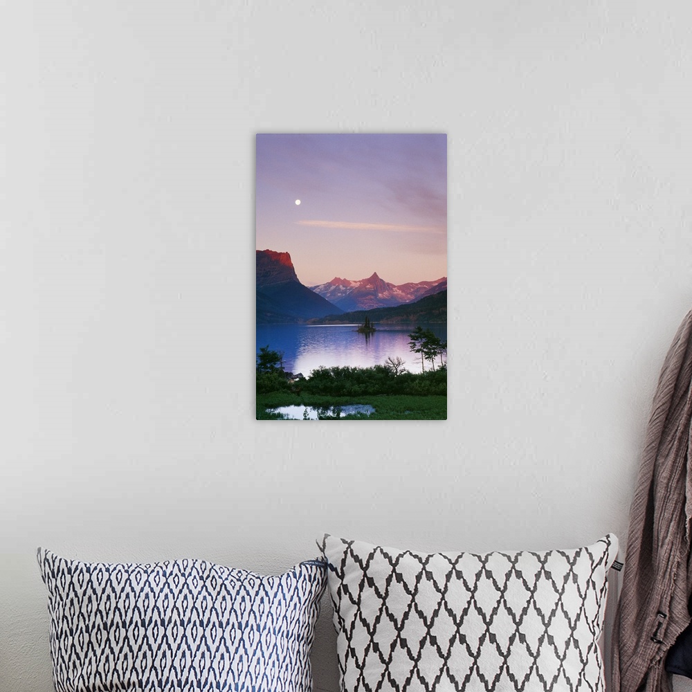 A bohemian room featuring Big, portrait photograph of Saint Mary's Lake in Glacier National Park.  The moonlight is reflect...