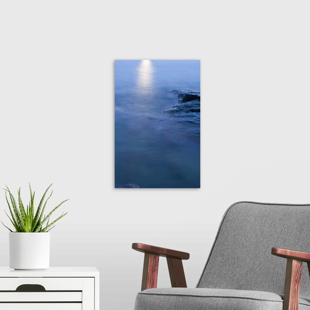 A modern room featuring Moon reflected in calm water of Lake Superior, from Artist Point, Minnesota