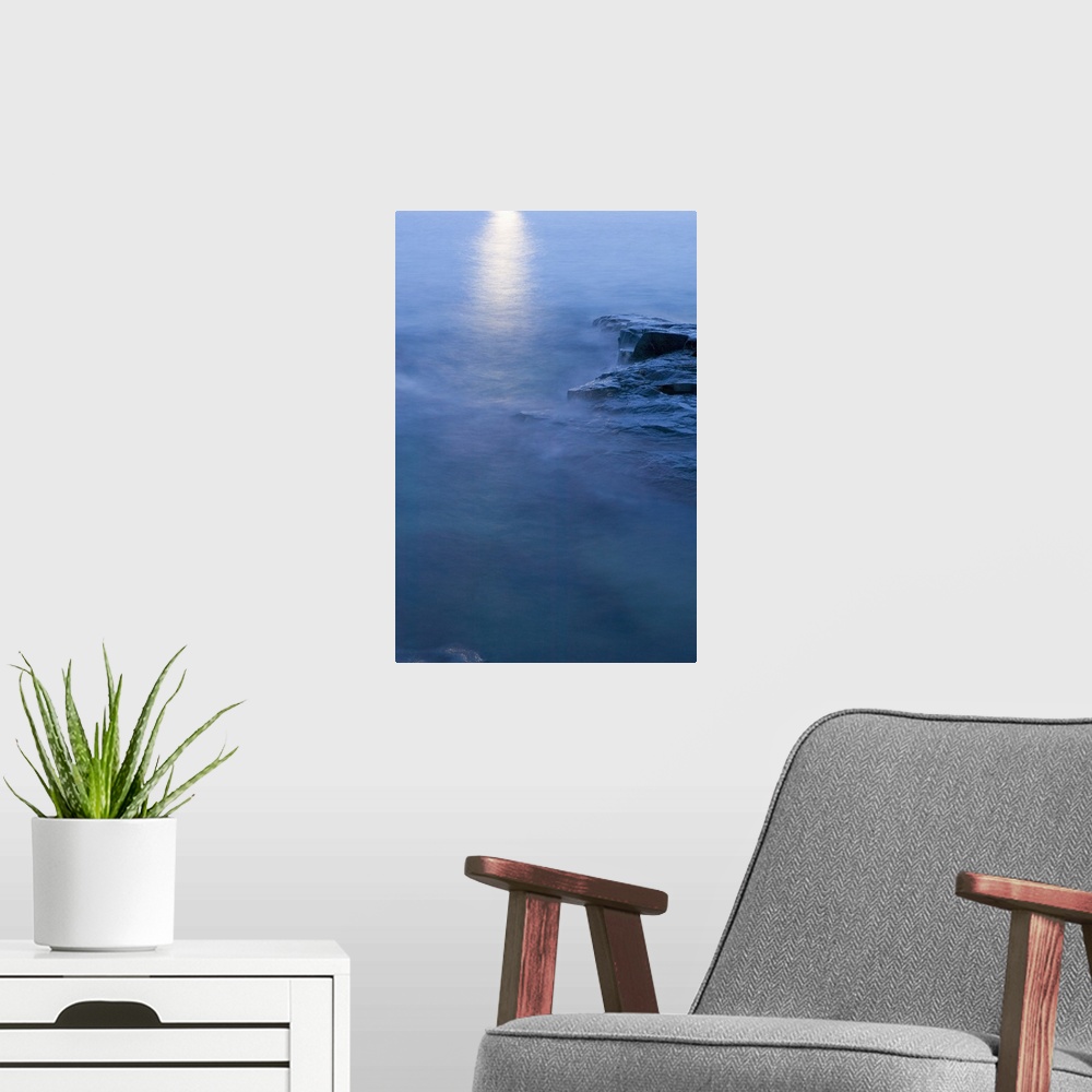 A modern room featuring Moon reflected in calm water of Lake Superior, from Artist Point, Minnesota