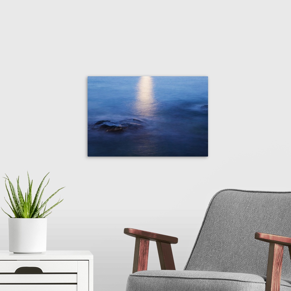 A modern room featuring Moon reflection in calm water of Lake Superior, from Artist Point, Minnesota