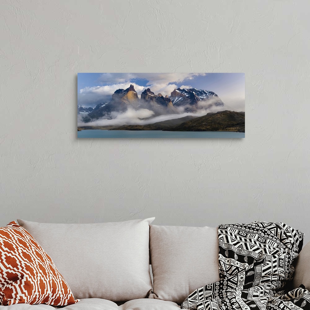 A bohemian room featuring Morning clouds over the peaks of the Cuernos del Paine and Lake Pehoe, Torres Del Paine National ...