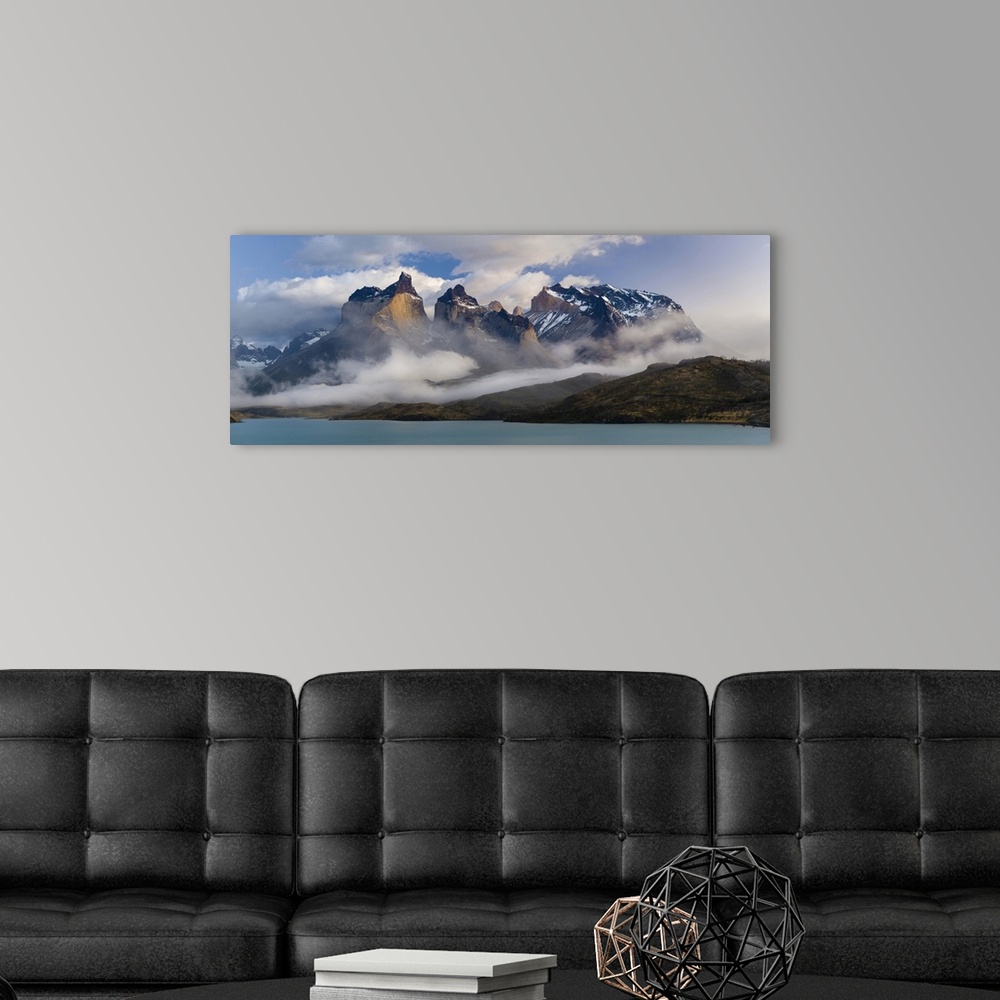 A modern room featuring Morning clouds over the peaks of the Cuernos del Paine and Lake Pehoe, Torres Del Paine National ...