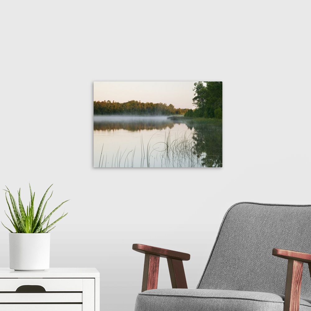 A modern room featuring Morning mist over Mink River estuary, water reflection, Wisconsin