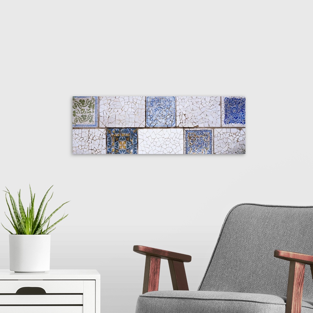 A modern room featuring Mosaic details on a wall, Park Guell, El Carmel, Gracia, Barcelona, Catalonia, Spain