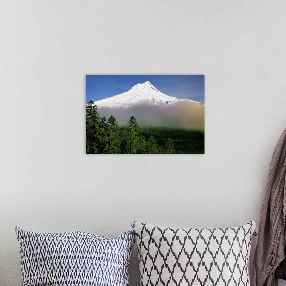 A bohemian room featuring Mount Hood Above Sunset-Colored Clouds