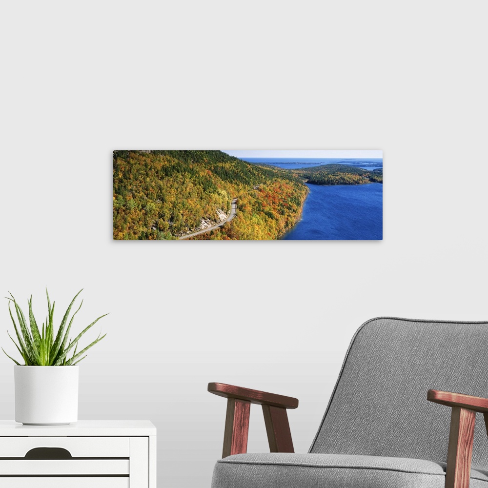 A modern room featuring Mount Jordan Pond Acadia National Park ME