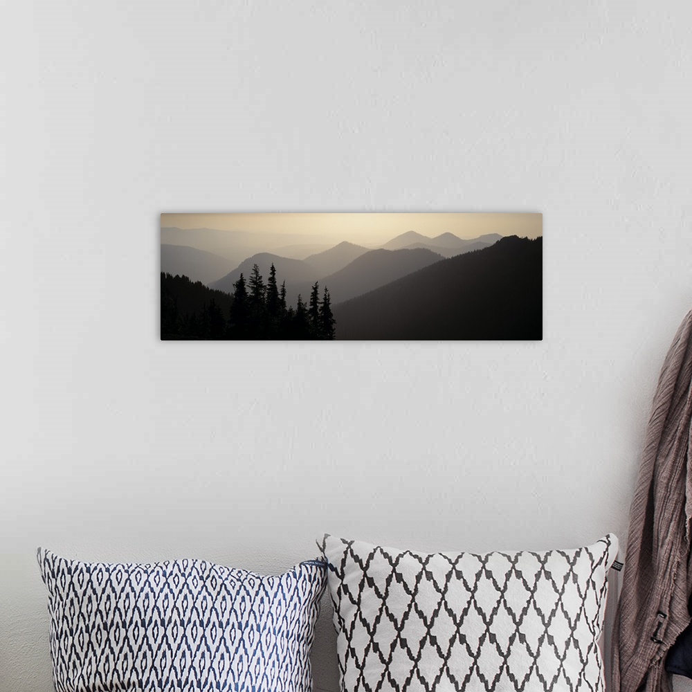A bohemian room featuring Panoramic photograph of a foggy sky over the mountains, silhouetted pine trees in the foreground,...