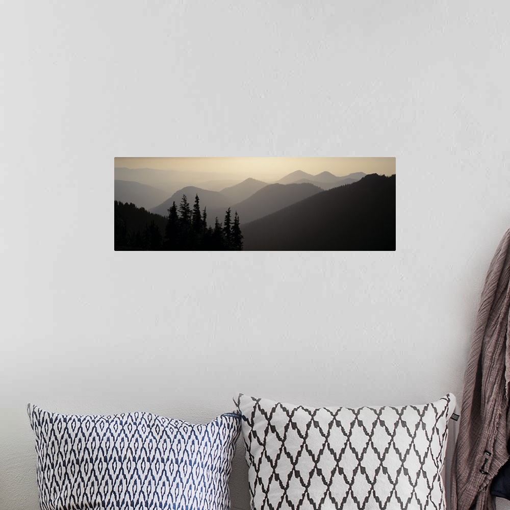 A bohemian room featuring Panoramic photograph of a foggy sky over the mountains, silhouetted pine trees in the foreground,...