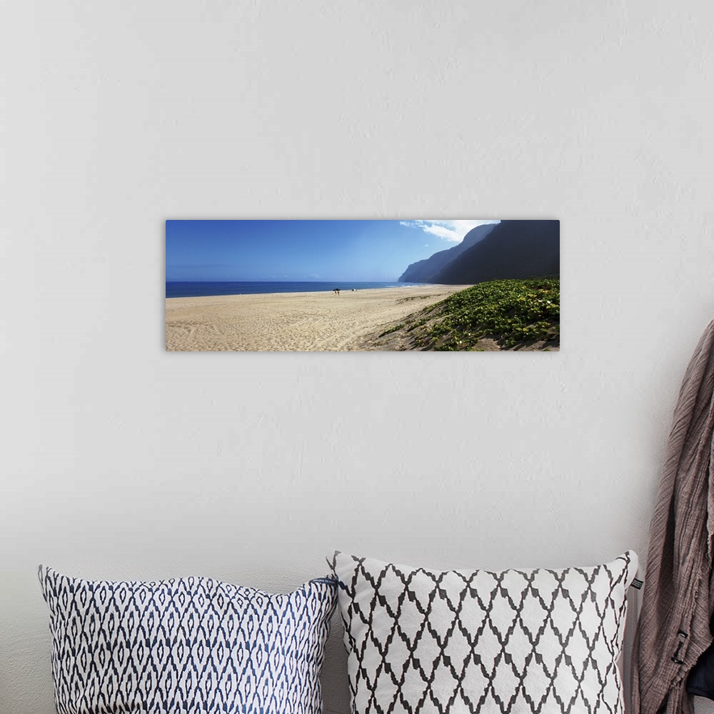 A bohemian room featuring Panoramic image of a beach with mountains on the right and an ocean in the distance.