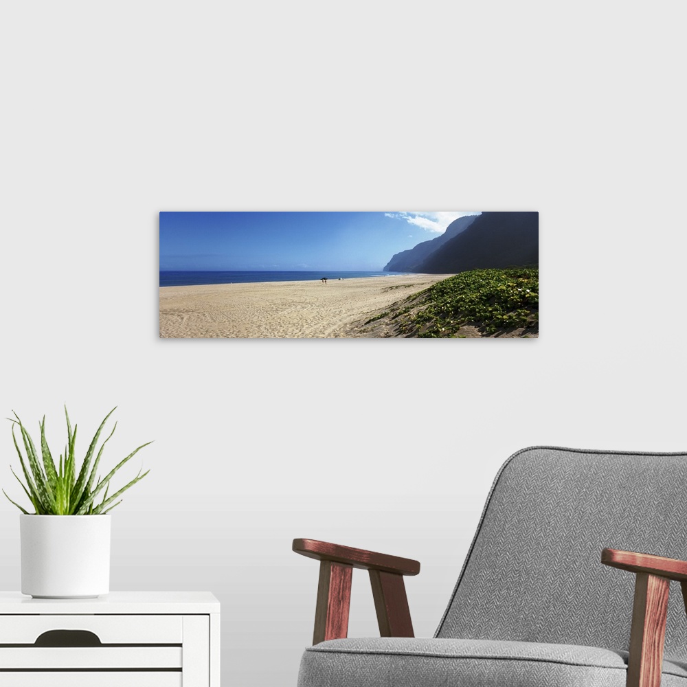 A modern room featuring Panoramic image of a beach with mountains on the right and an ocean in the distance.