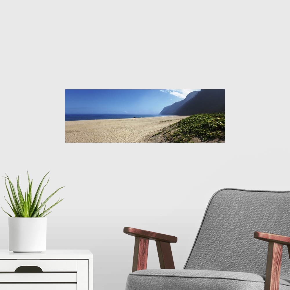 A modern room featuring Panoramic image of a beach with mountains on the right and an ocean in the distance.