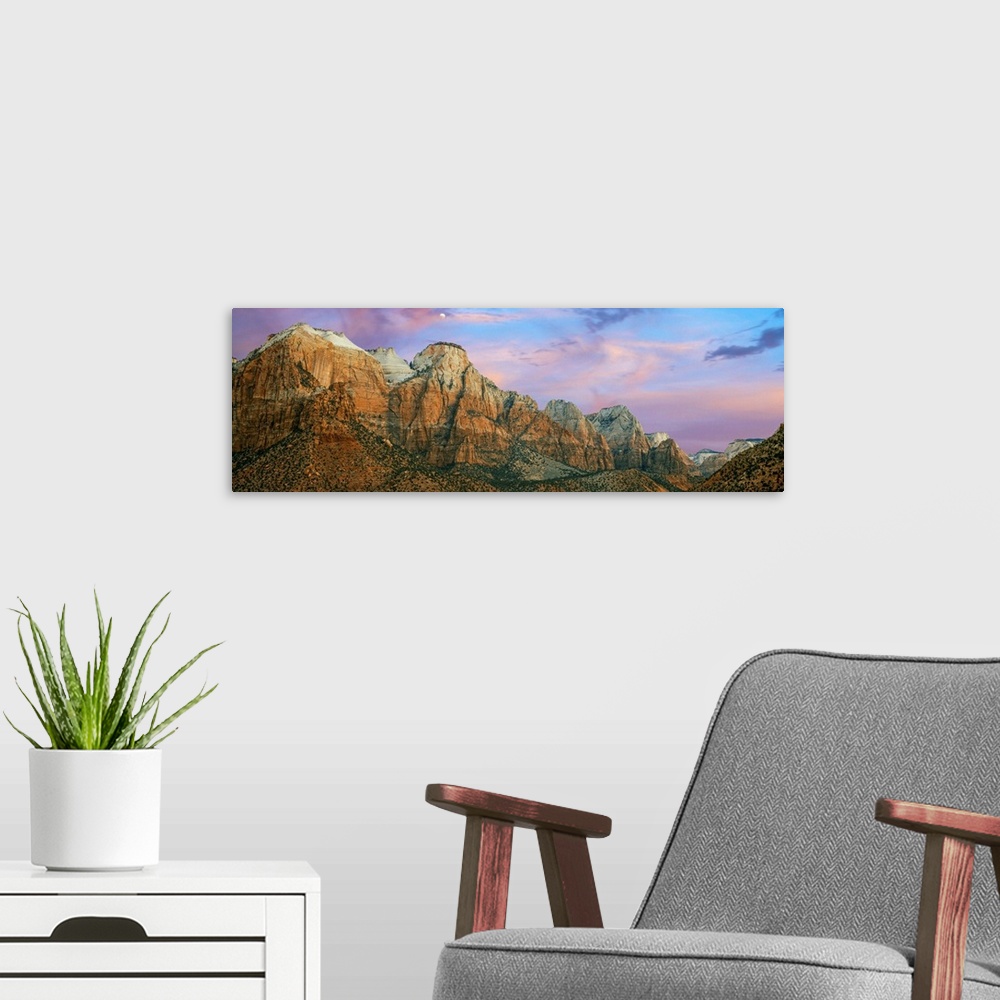 A modern room featuring Low angle view of a mountain range, The Sentinel, Zion National Park, Washington County, Utah, USA