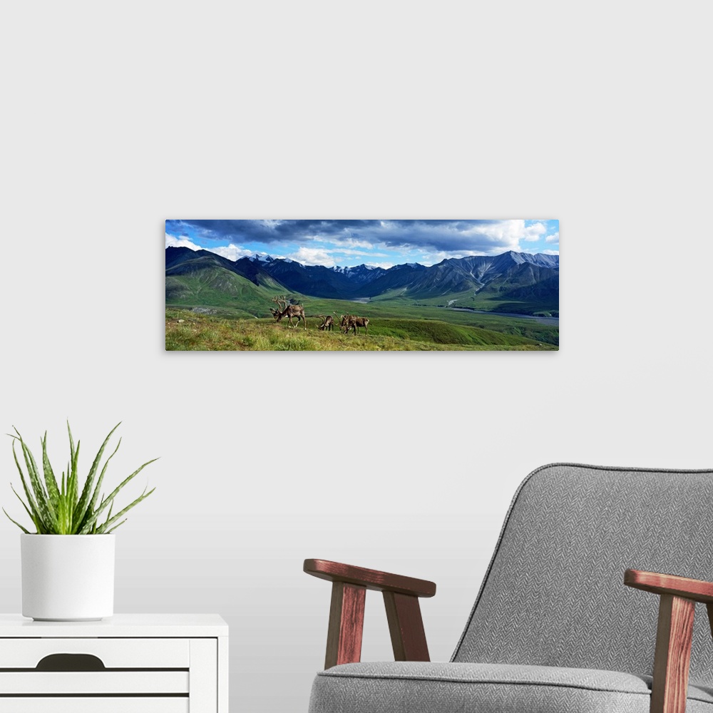 A modern room featuring Panoramic picture taken of a mountain range off in the distance with vast fields in front of them...