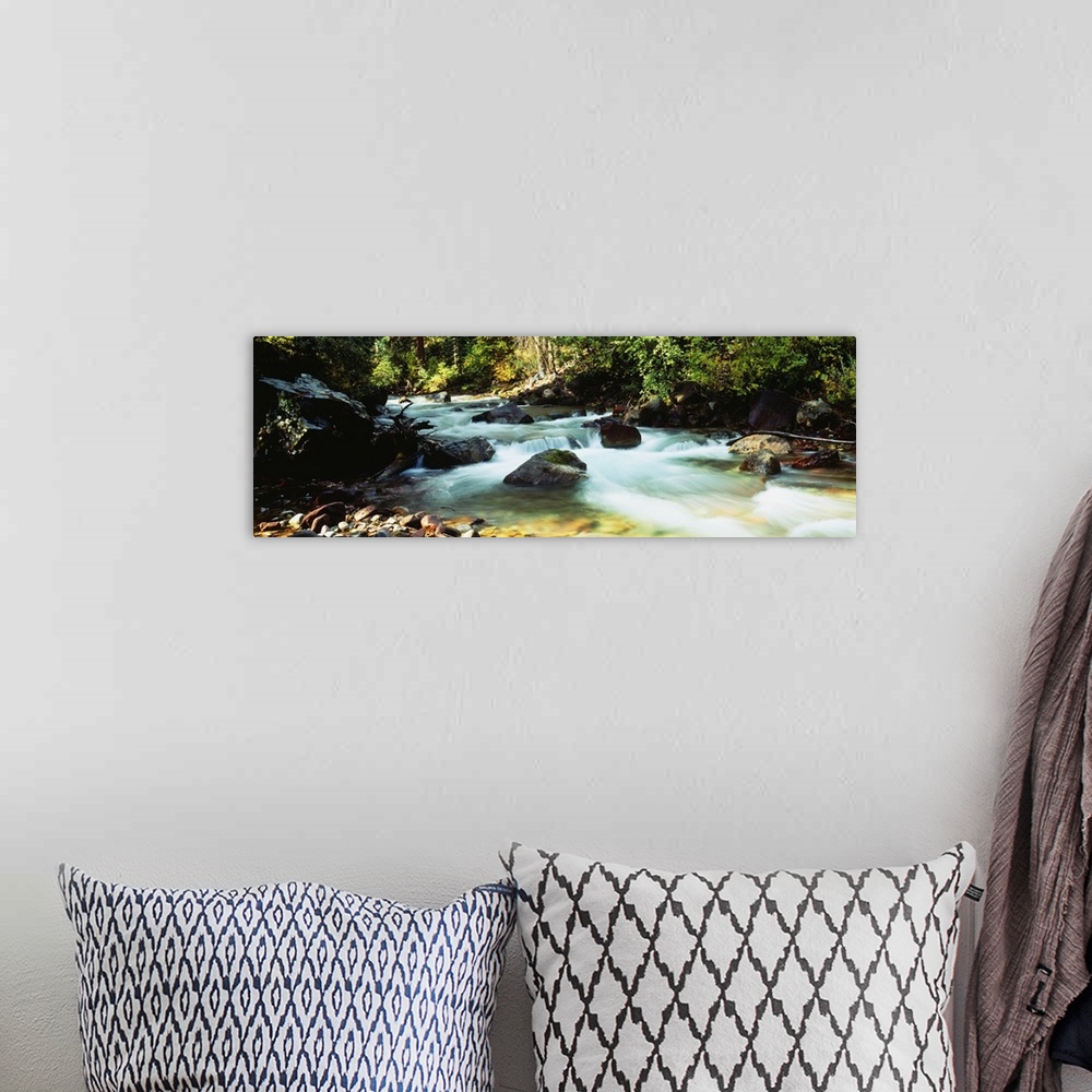 A bohemian room featuring A time lapsed photograph of water coursing through a boulder filled river bed in the forest.