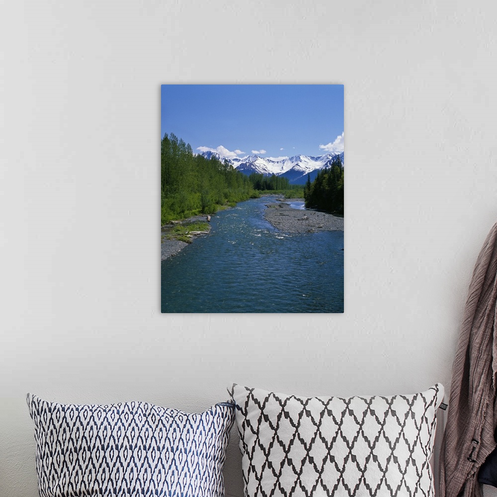 A bohemian room featuring Mountain stream, snowy Chugach Mountains, summer, Alaska
