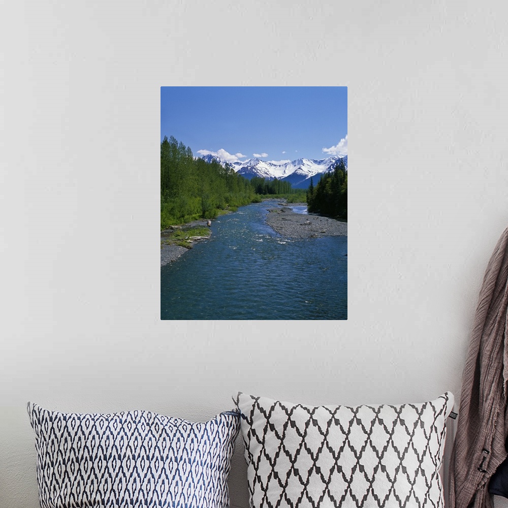 A bohemian room featuring Mountain stream, snowy Chugach Mountains, summer, Alaska