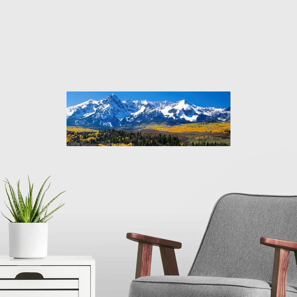A modern room featuring Panoramic image of a wilderness area at the base of a snowy mountain range.