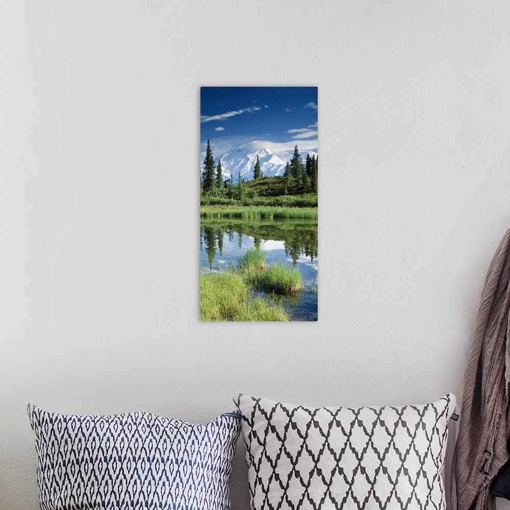 A bohemian room featuring This is a vertical photograph of a mountain peak, trees, and clouds reflecting in a pond in an Al...
