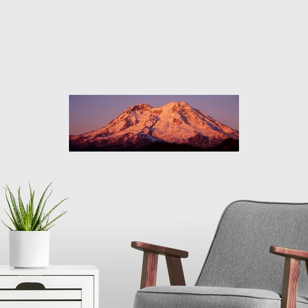 A modern room featuring Panoramic print of Mt. Rainier bathed in warm sunlight.