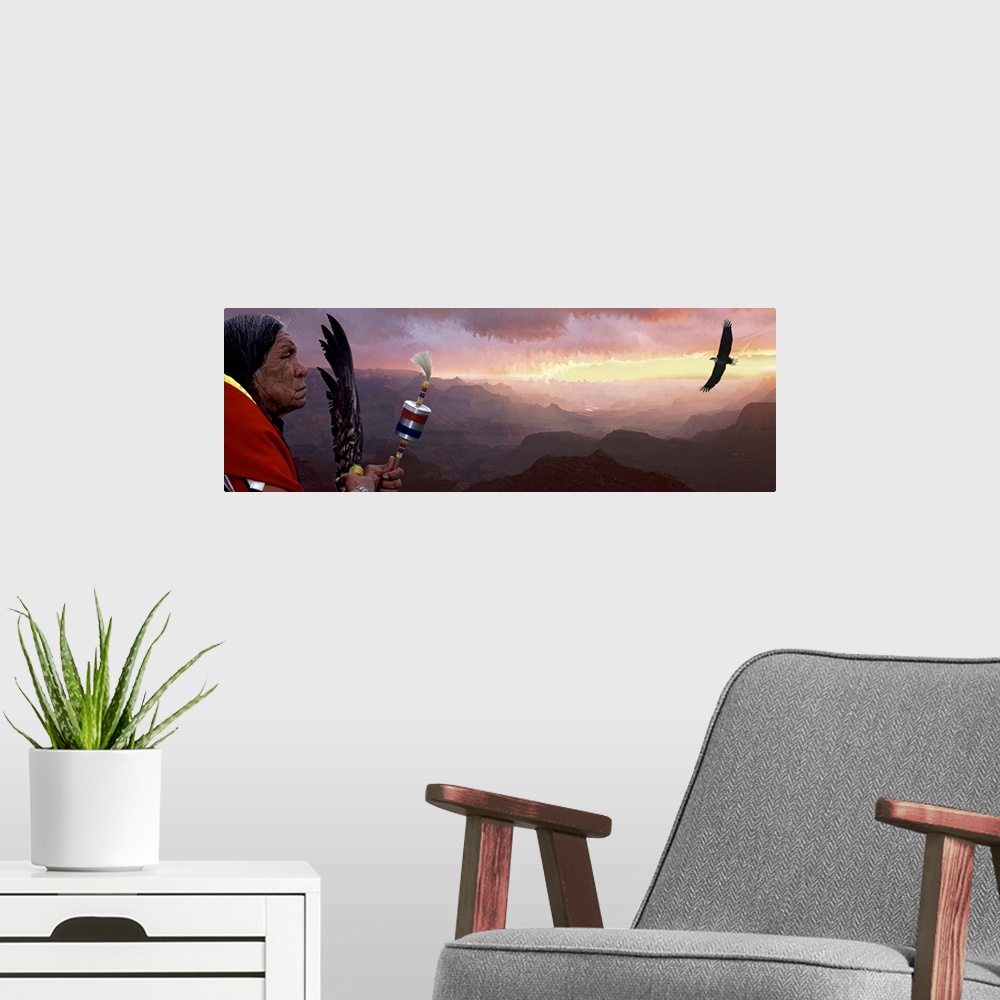 A modern room featuring Giant panoramic artwork featuring a Native American figure and flying bird with a vast mountain r...